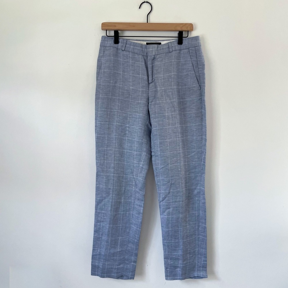 Banana Republic Blue Windowpane Plaid Linen Blend Straight Leg Pants Sz 2 Office